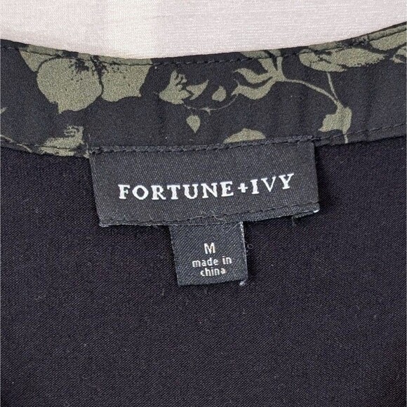 Fortune + Ivy Sz MEDIUM Black & Olive Green Floral Top 3/4 Sleeve Bohemian Tunic - Picture 4 of 13